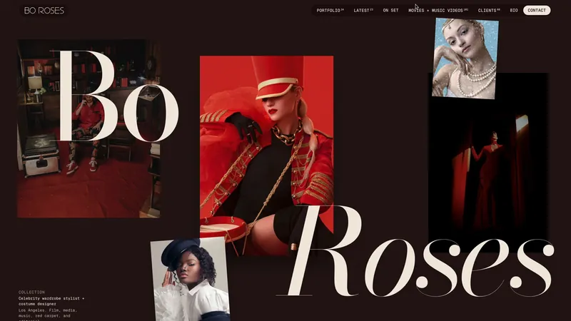 Bo Roses website hero with large serif letters woven between editorial fashion photographs