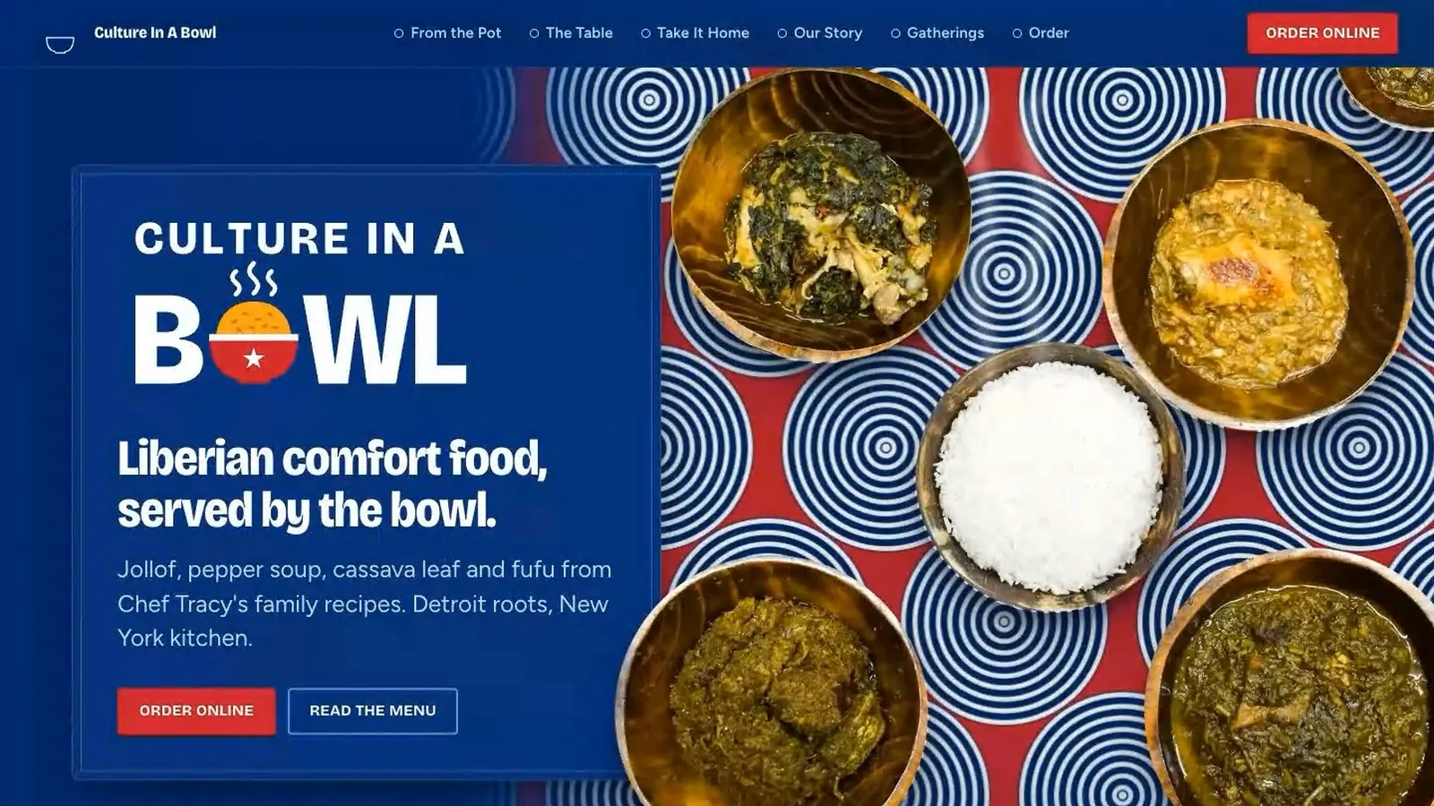 Culture In A Bowl hero with bowls of West African dishes on a red and blue wax-print pattern