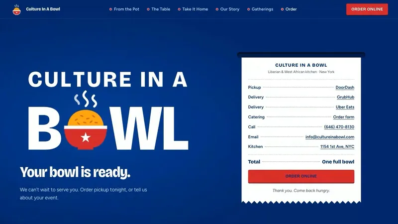 Culture In A Bowl order section with a receipt-style ticket and an Order Online button