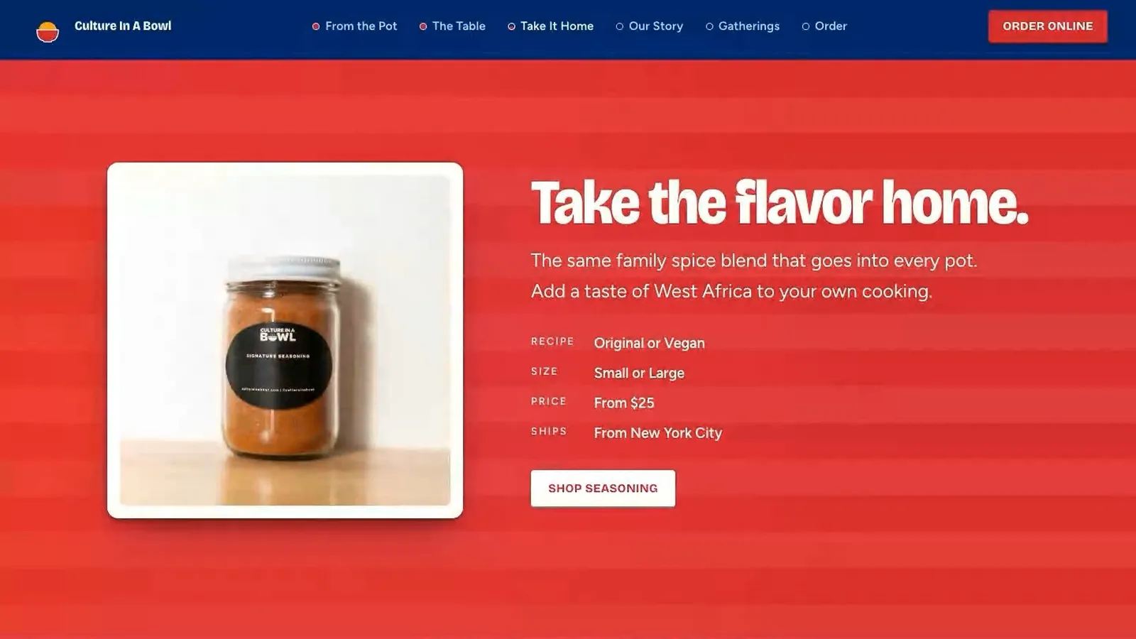 Culture In A Bowl spice section with a jar of seasoning on a red striped ground