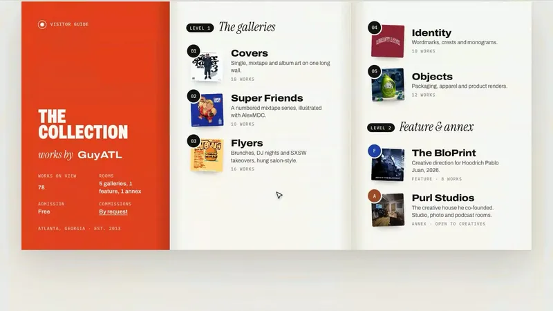 GuyATL visitor guide listing galleries Covers, Super Friends, Flyers, Identity, Objects, The BloPrint and Purl Studios