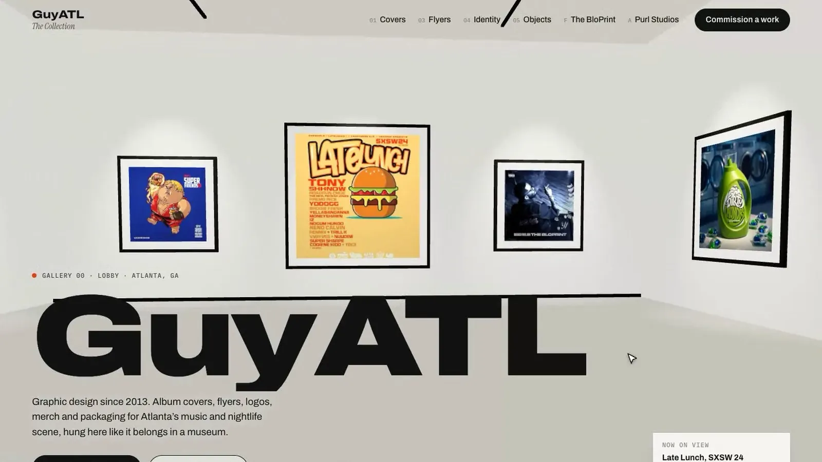 GuyATL website lobby with framed album covers and flyers hanging in a white 3D gallery room