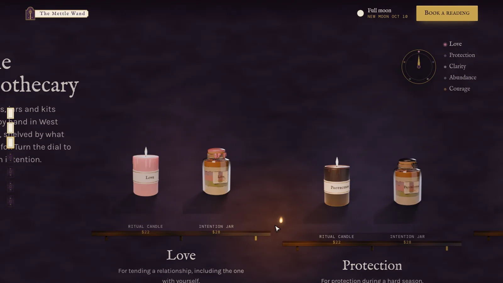 The Mettle Wand apothecary with candles and jars grouped by intention
