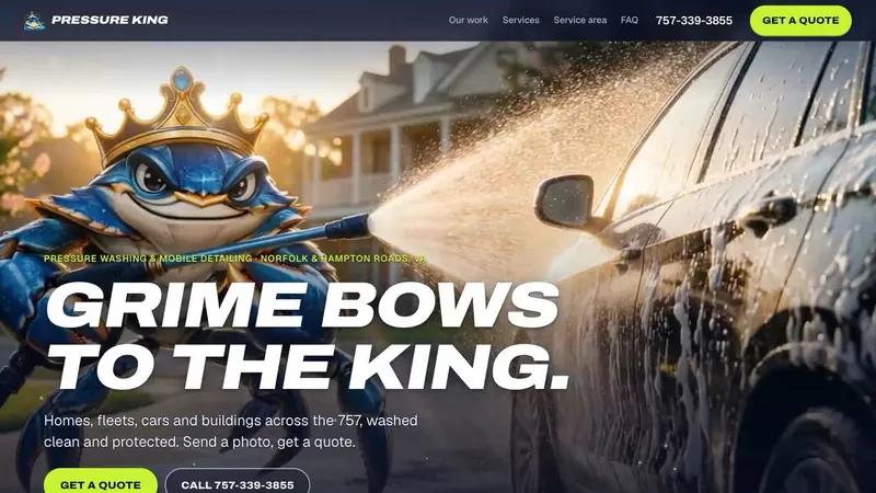 Pressure King hero: a crowned blue crab mascot pressure washing an SUV under the headline Grime bows to the King