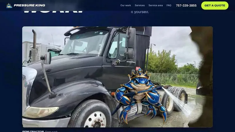 Pressure King interactive section where the crab mascot washes grime off a photo of a semi truck