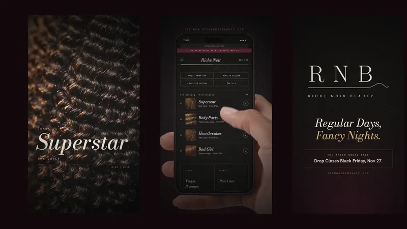 Three vertical frames from the Riche Noir Beauty After Hours video ad: hair texture, the site on a phone, and the Black Friday end card