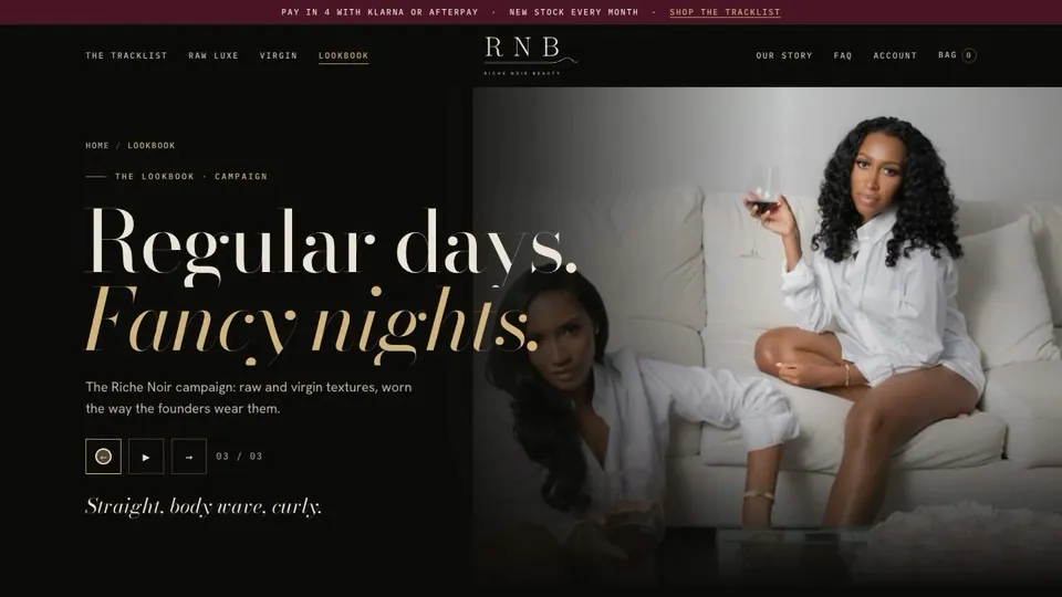 Riche Noir Beauty campaign section reading Regular days, Fancy nights with a model on a sofa