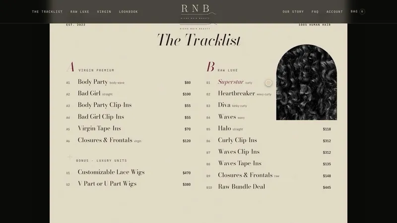 Riche Noir Beauty Tracklist catalog on cream paper listing textures named after R&B songs