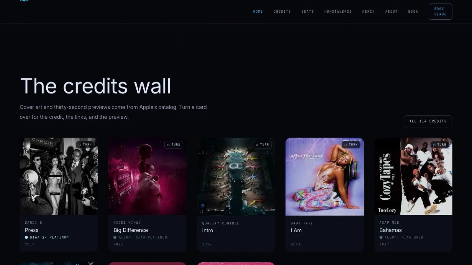 Slade Da Monsta credits wall with album cover cards