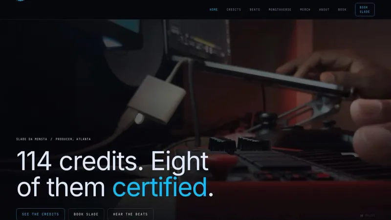 Slade Da Monsta website hero with the headline about credits and certifications over a studio photo